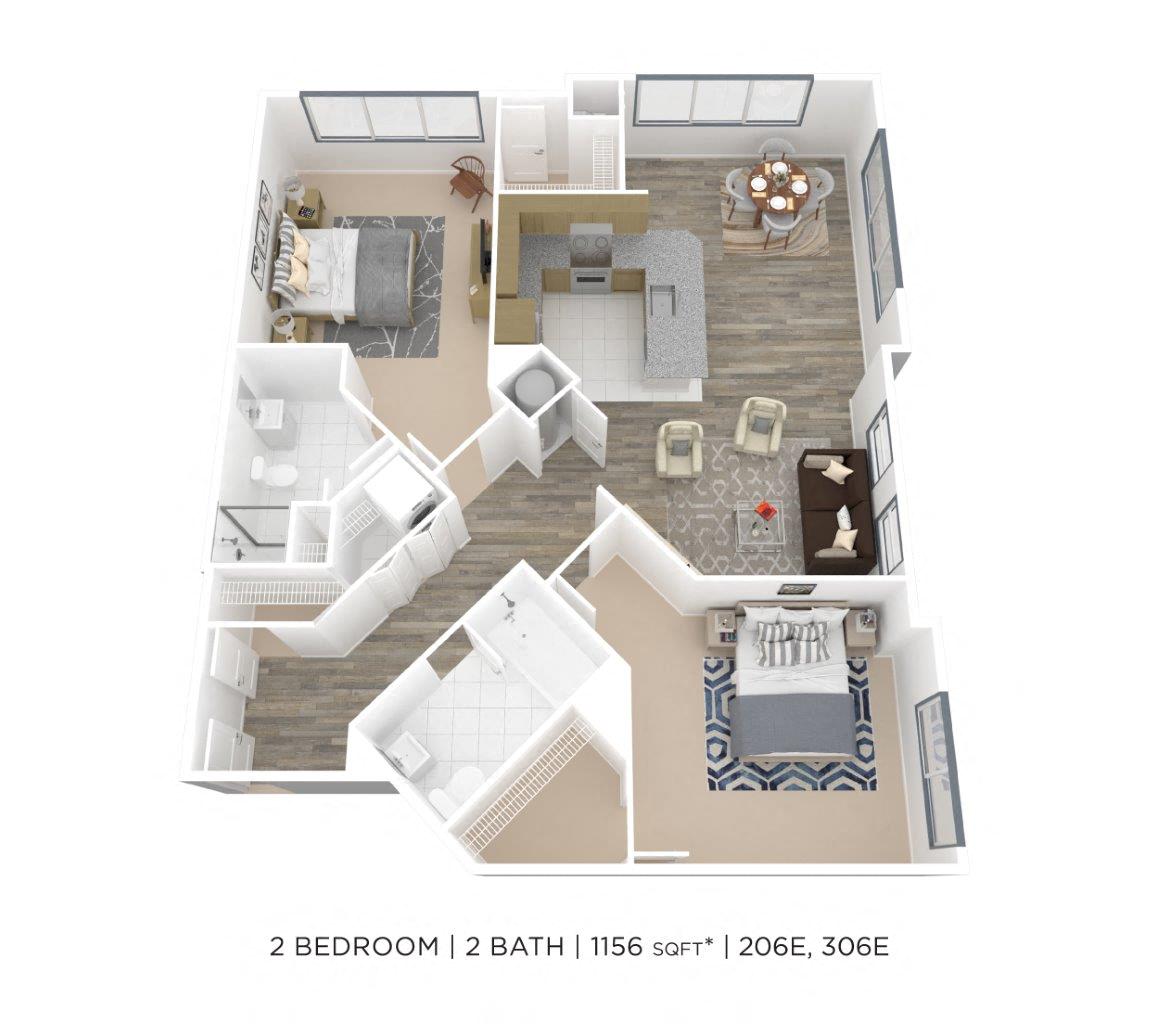 Floor plan for 2 beds, 2 baths, 1156 sqft